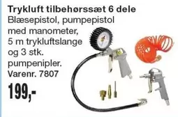 Trykluft tilbehørsæt 6 dele Blæsepistol, pumpepistol med manometer, 5 m trykluftslange og 3 stk. pumpenipier. Varenr. 7807