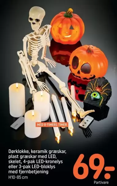Keramik - Dørklokke, keramik græskar, plast græskar med LED, skelet, 4-pak LED-kronelys eller 3-pak LED-bloklys med fjernbetjening
