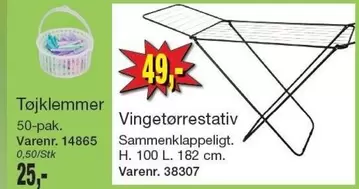 Tøjklemer 50-pak. Varenr. 14865, Vingetørrestativ Sammenklappeligt. H. 100 L. 182 cm. Varenr. 38307