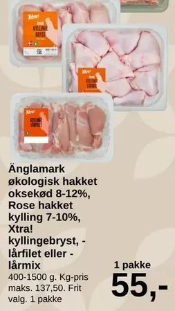 Rose - økologisk hakket oksekød 8-12%, hakket kylling 7-10%, Xtra! kyllinge bryst, -lårfilet eller -lår mix