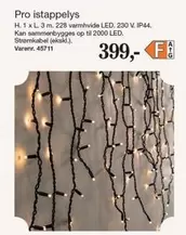 Atg - Pro istappelys H. 1 x L. 3 m. 228 varmhvide LED. 230 V. IP44. Kan sammenbygges op til 2000 LED. Strømkabel (ekskl.)