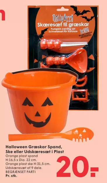 Orange - Halloween Græskar Spand, Ske eller Udskæresæt i Plast