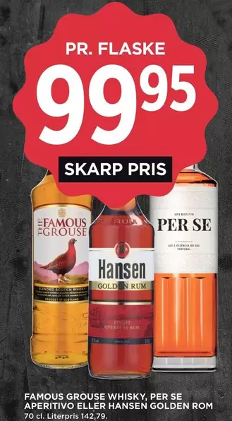 Famous grouse whisky, per se aperitivo eller hansen golden rom