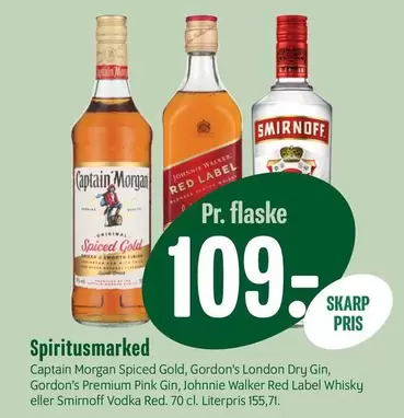 Red - Captain Morgan Spiced Gold, Gordon's London Dry Gin, Gordon's Premium Pink Gin, Johnnie Walker  Label Whisky eller Smirnoff Vodka