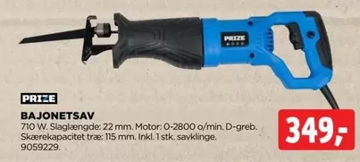 BAJONETSAV 710 W. Slaglængde: 22 mm. Motor: 0-2800 o/min. D-greb. Skæ rekapacitet træ: 115 mm. Inkl. 1 stk. savklinge. 9059229