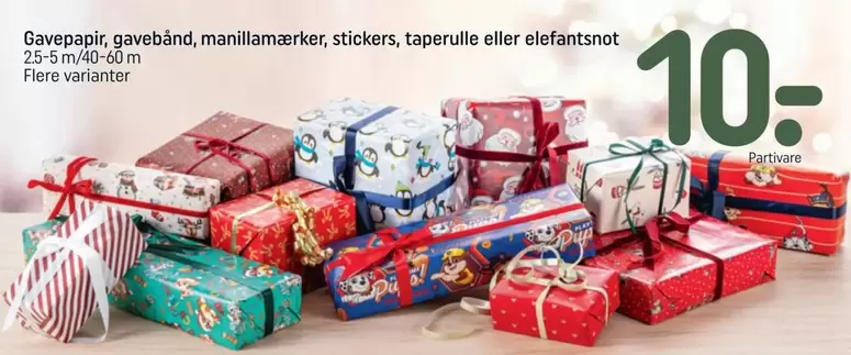 Gavepapir, gavebånd, manillamærker, stickers, taperulle eller elefantstøv