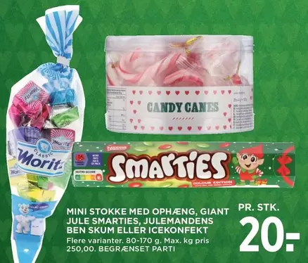 MINI STOKKE MED OPHÆNG, GIANT JULE SMARTIES, JULEMANDENS BEN SKUM ELLER ICEKONFEKT