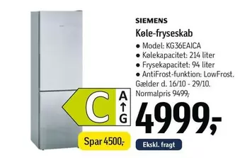 Siemens - Køle-fryseskab KG36EAICA