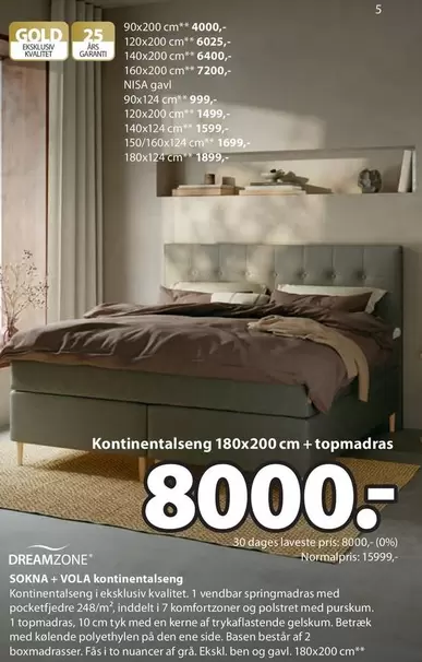 Den - Kontinentalseng 180x200 cm + topmadras