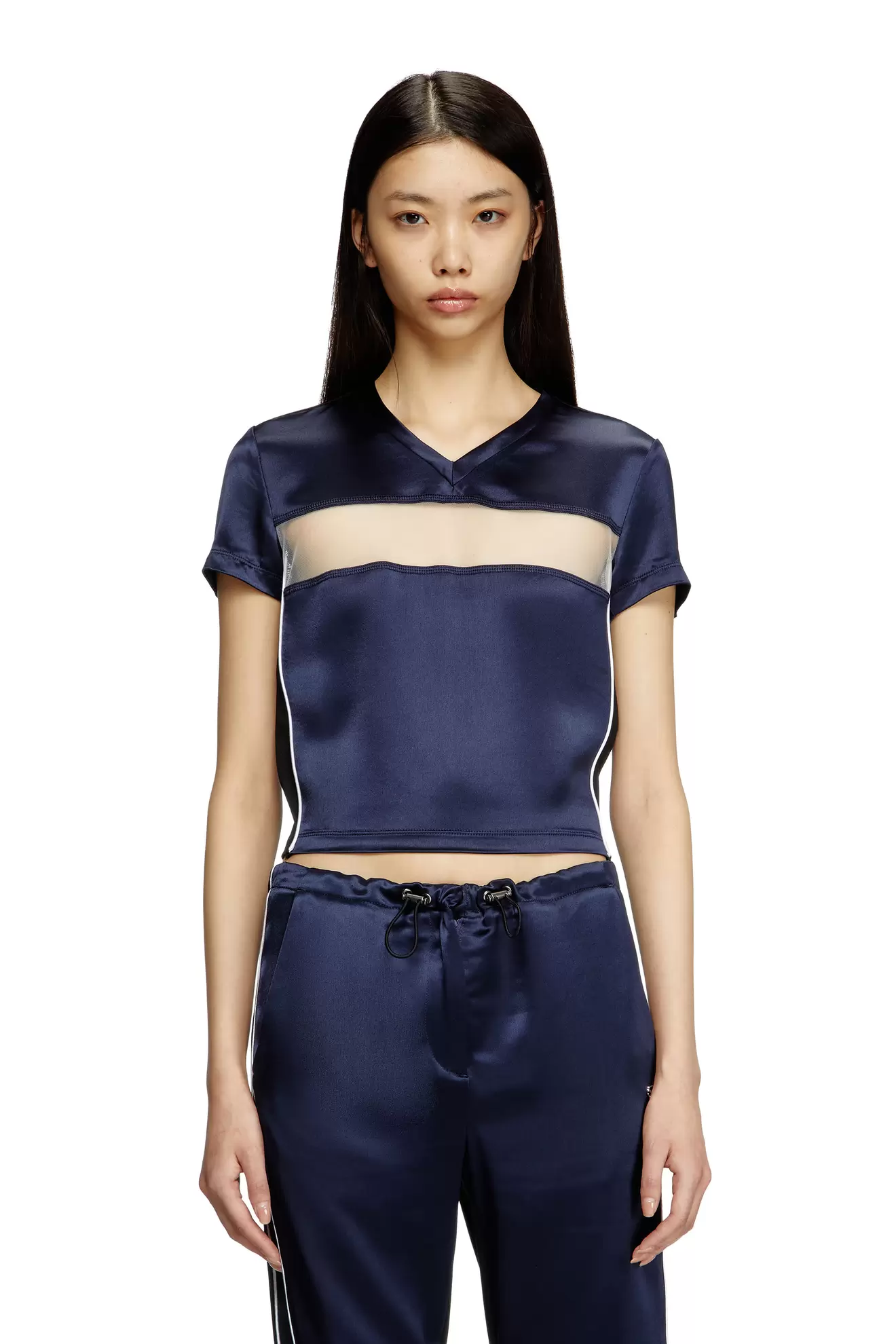 Cropped T-shirt in satin, knit and tulle