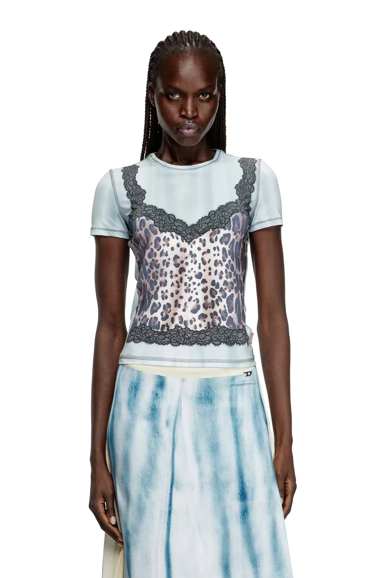 Stretch T-shirt with trompe l'oeil cami