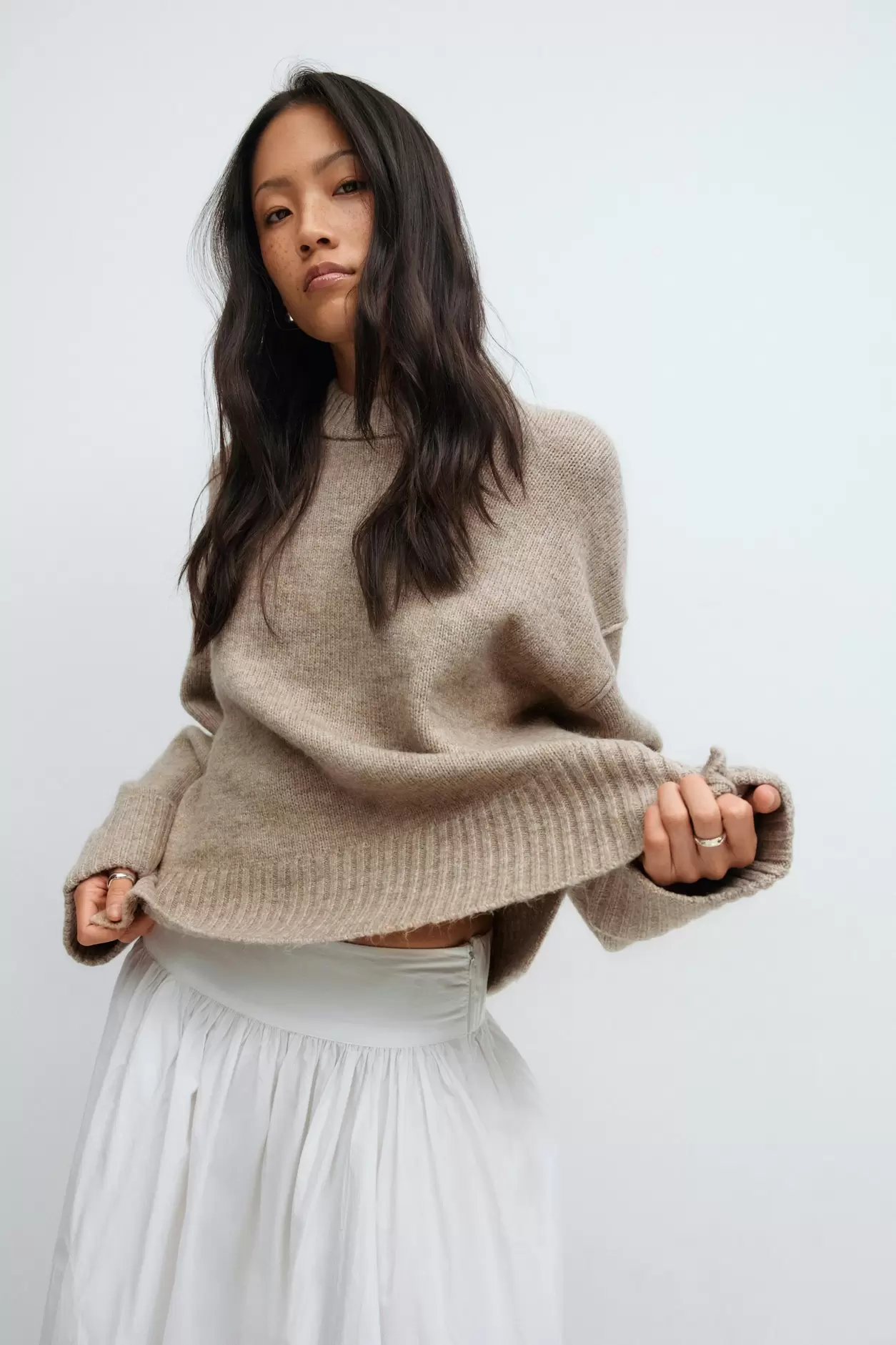Folded sleeve knitted sweater