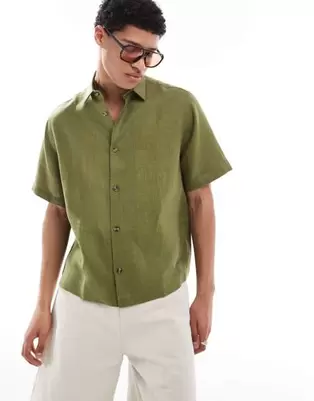 ASOS DESIGN - Støvet grøn hørskjorte i regular fit med firkantet pasform