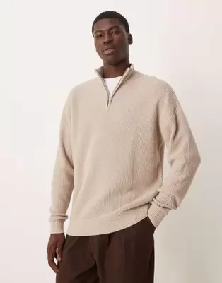 ASOS DESIGN - Beige og afslappet striktrøje i piqué med ståkrave