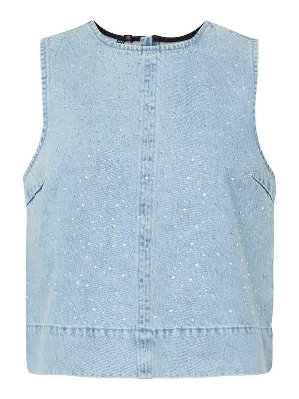 Product carousel image - PCNOEL RHINESTEN DENIM TOP, Light Blue Denim | 1