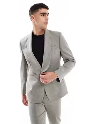 ASOS DESIGN - Grå slim-habitjakke i hørblanding med sjalskrave og sildebensmønster