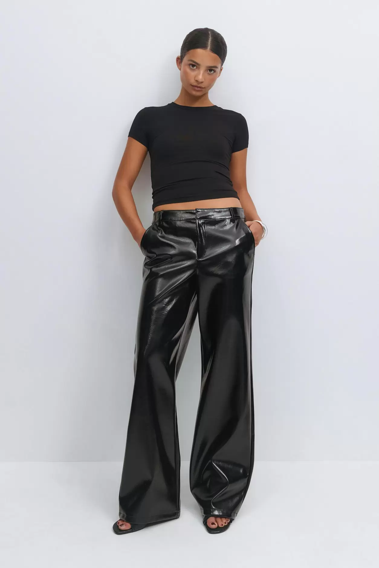 Patent pu straight trousers