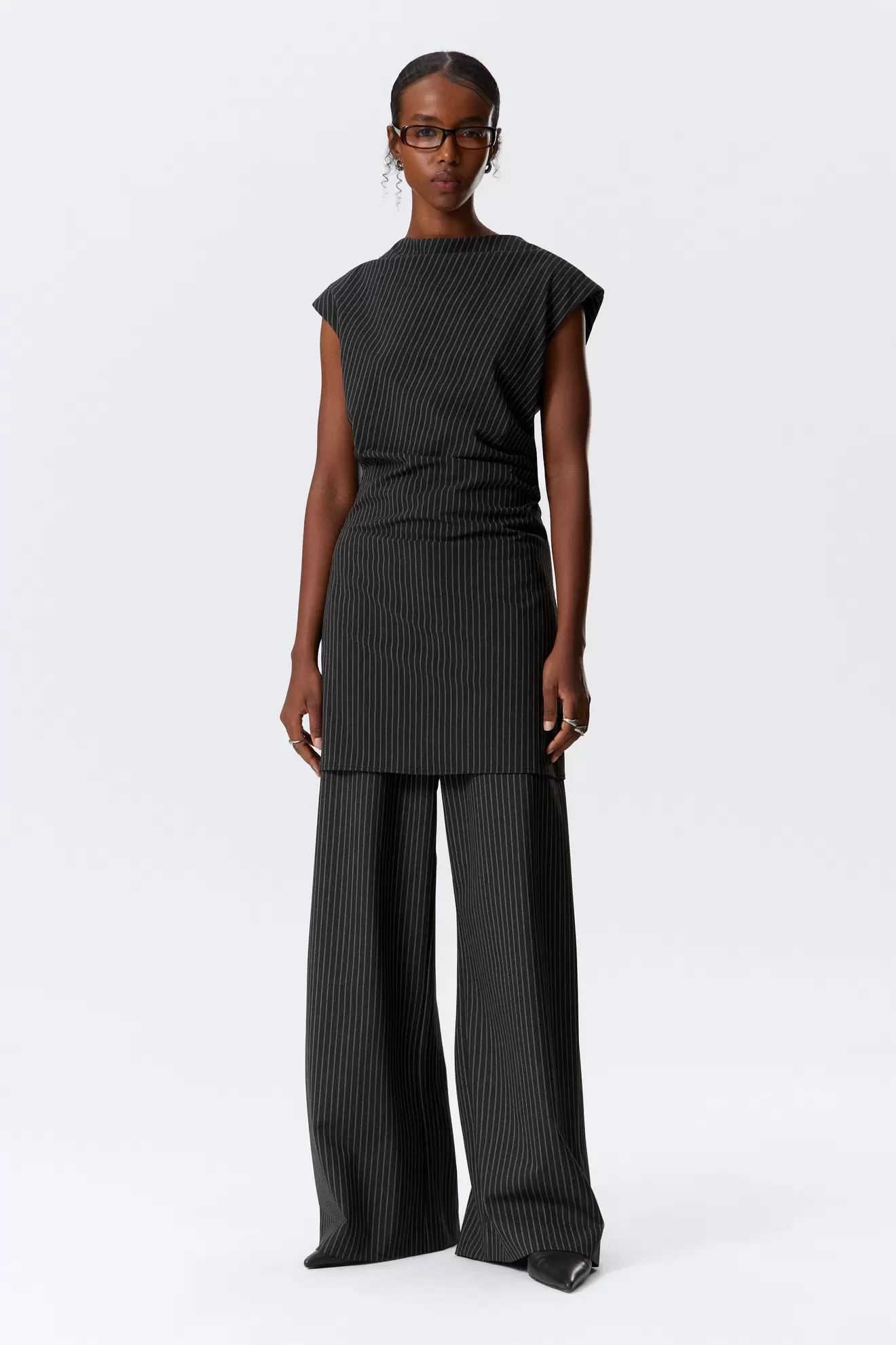 DRAPED CAP-SLEEVED MINI SUITING DRESS