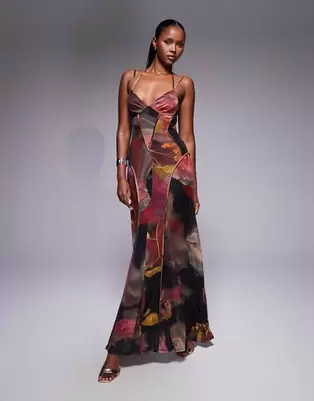 ASOS DESIGN - Pink maxikjole med synlige sømdetaljer og sløret blomstermønster i mesh