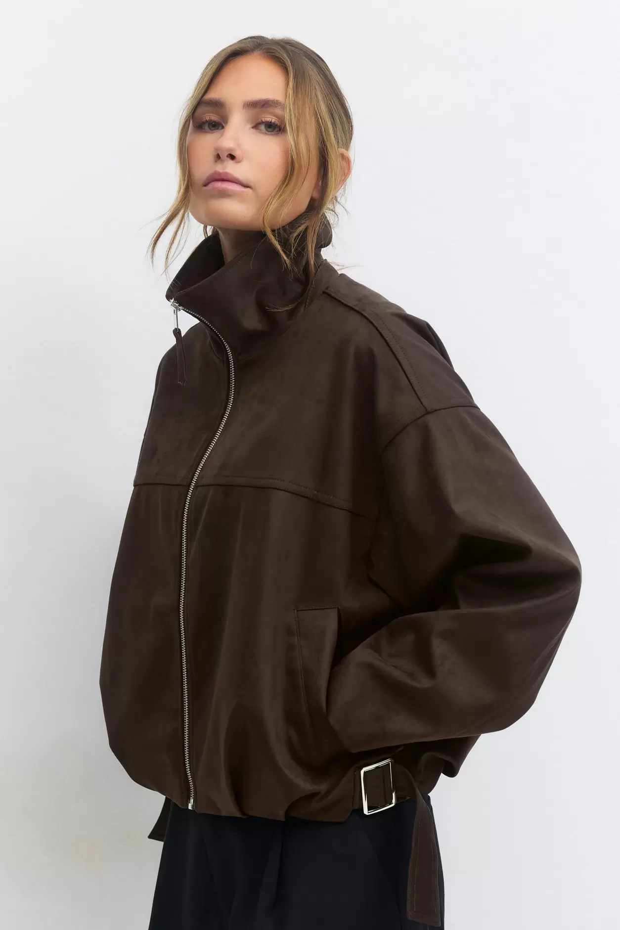 Faux suede high neck jacket