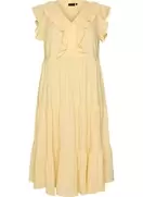 Ærmeløs midikjole i hør og viskose med flæser