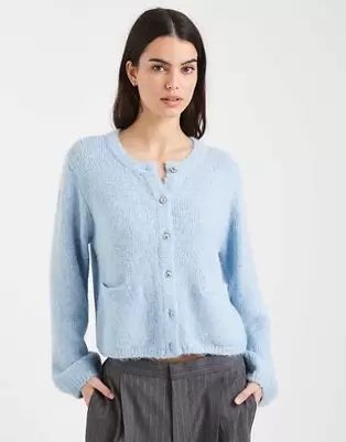 Object - Aquablå løstsiddende strikket cardigan med lommedetaljer