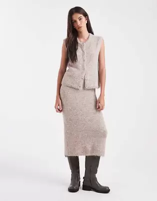 Object - Strikket midinederdel i meleret beige - Del af sæt