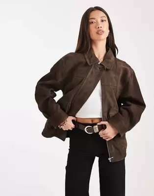 ASOS DESIGN - Mørkebrun oversized bomber-jakke i ægte ruskind