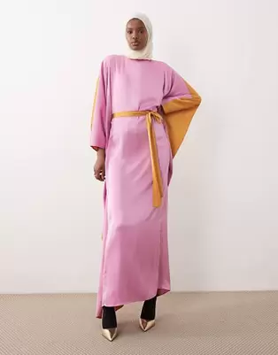 IYAL - Lyserød og orange maxikjole med lange ærmer og bindebånd i taljen