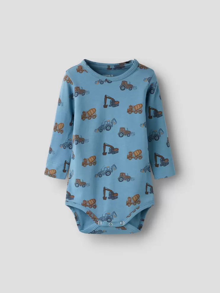 Langærmet body med køretøj, str. 56-92 - Blå