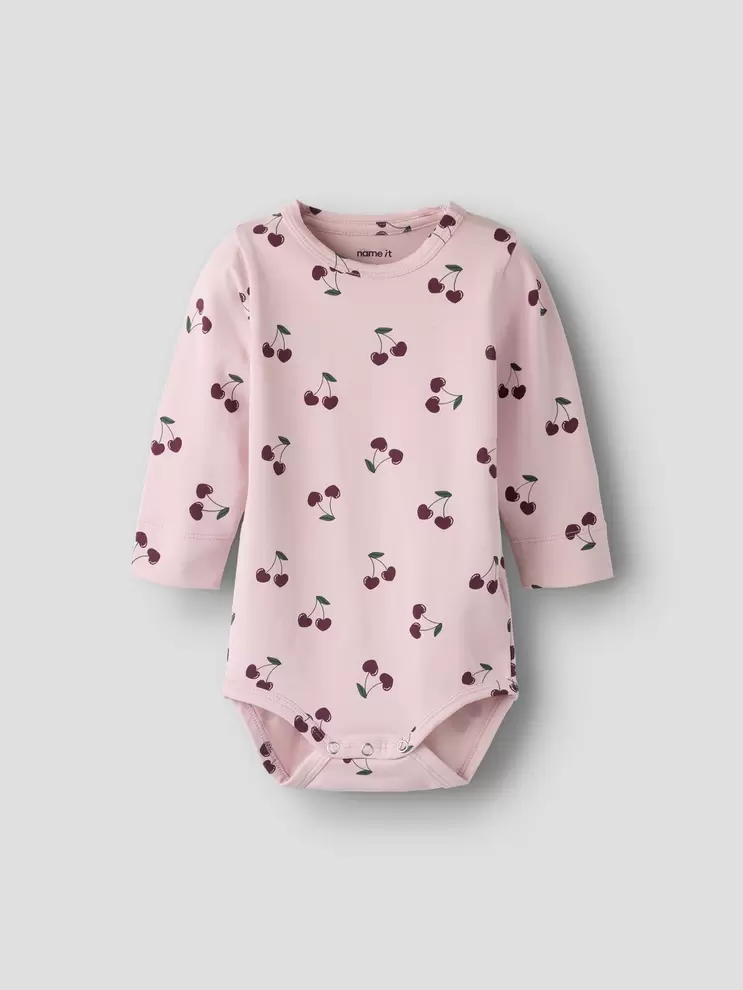 Langærmet body med kirsebær print, str. 56-92 - Lyserød