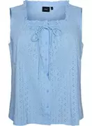 Ærmeløs bluse med broderie anglaise og flæser