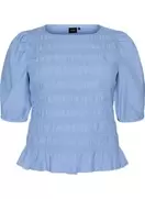 Smockbluse med flæsekant og bådhals