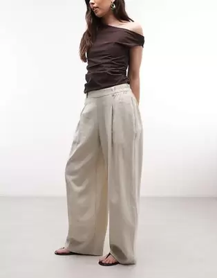 River Island - Beige bukser i hørblanding med elastisk talje og vide ben