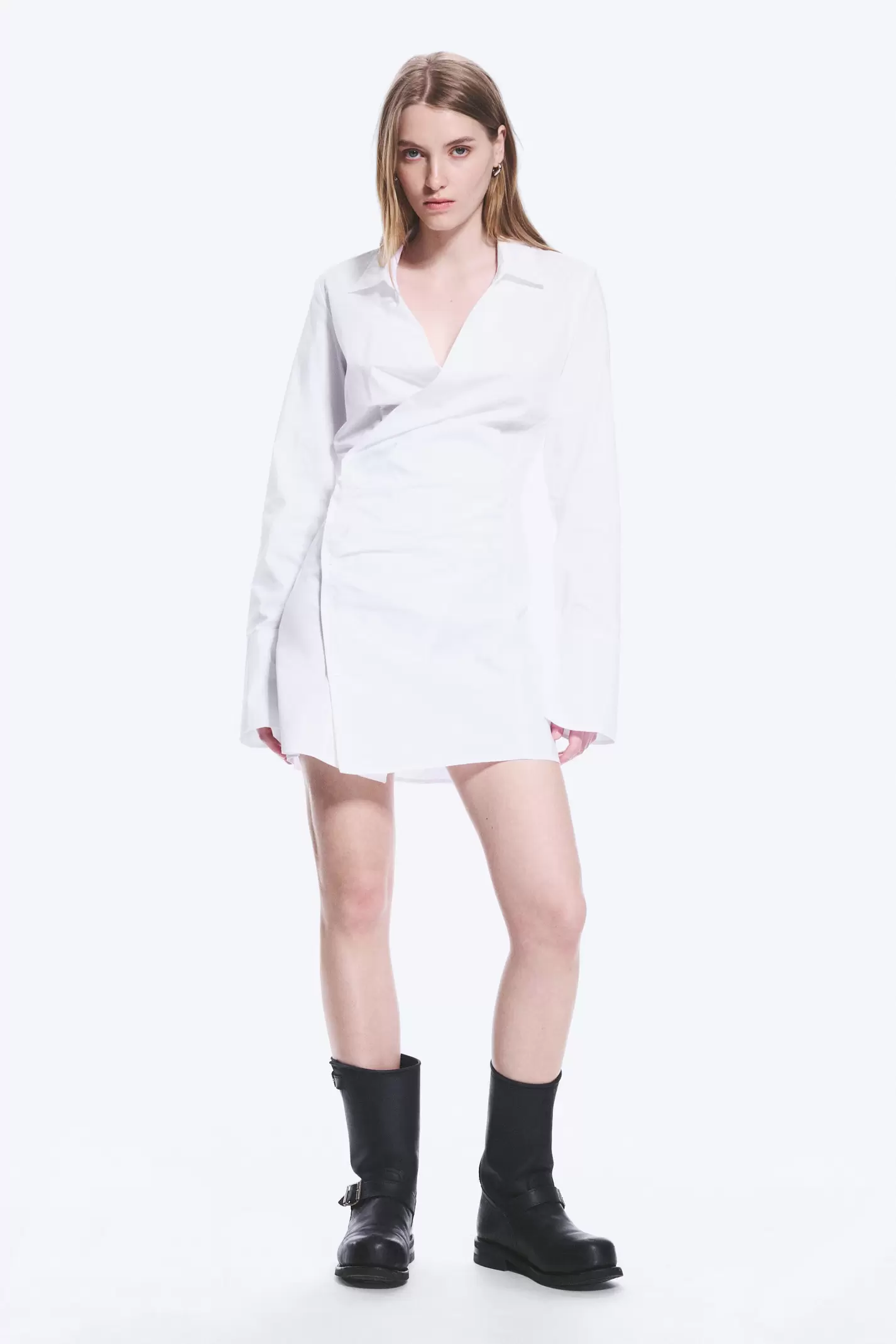 LONG-SLEEVED ASYMMETRIC MINI SHIRT DRESS
