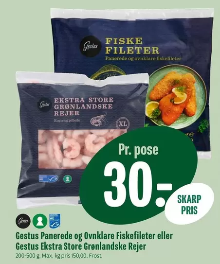 Panerede og ovnklare Fiskefileter eller Ekstra Store Grønlandske Rejer