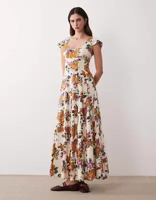 ASOS DESIGN - Kortærmet maxikjole med dyb rund hals og kiler i blomstermønster