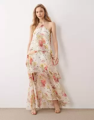 ASOS DESIGN - Lyserød/hvid midikjole i chiffon med halterneck og blomstermønster