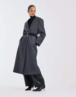 ASOS DESIGN - Premium - Koksgrå kraveløs frakke i uldblanding