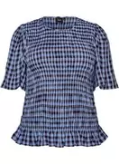 Smockbluse med gingham tern og flæsekant