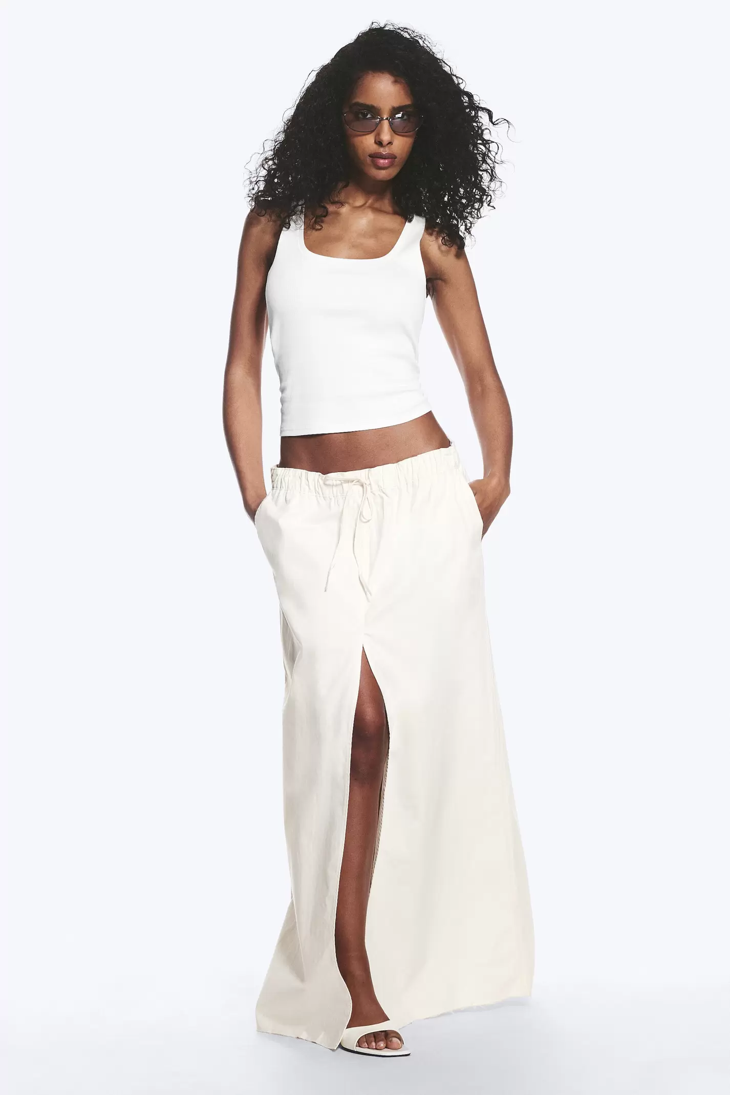 DRAWSTRING COTTON CANVAS MAXI SKIRT