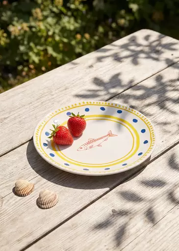 Ceramic plate with dots and fish - 16 cm