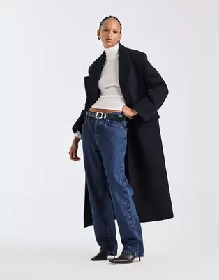 ASOS DESIGN - Premium - Marineblå dad-frakke i børstet uldblanding