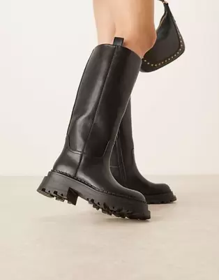 ASOS DESIGN - Cecilia - Sorte chunky flade knæhøje støvler