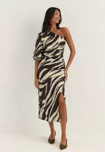 Ruched One Shoulder Satin Midi Dress