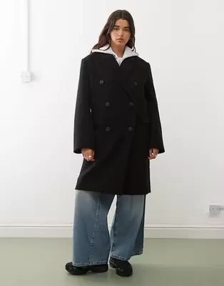Weekday - Logan - Sort oversized knælang frakke i uldblanding