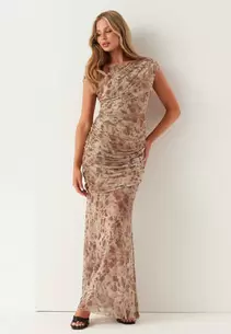 Ruched Asymmetric Mesh Ankle Dress