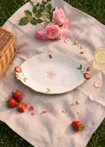 Oval plate with embossed strawberries - 34 cm