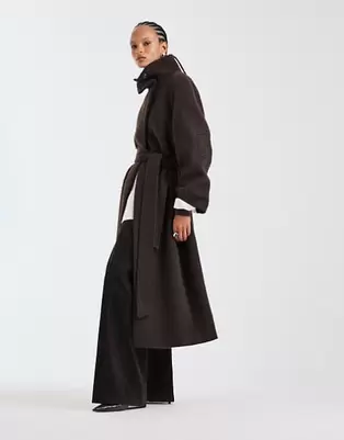 ASOS DESIGN - Premium - Chokoladefarvet og oversized frakke med ståkrave i børstet uldblanding