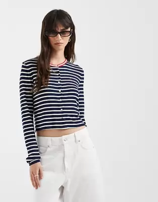 Tommy Jeans - Marineblå ribstrikket cardigan i jersey med lange ærmer og striber